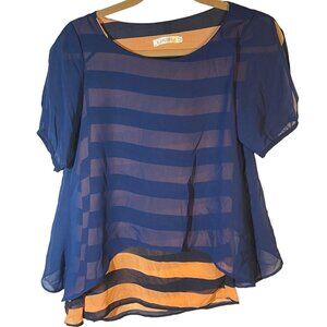 layered short sleeve shirt sheer striped blue orange medium length 32" READ